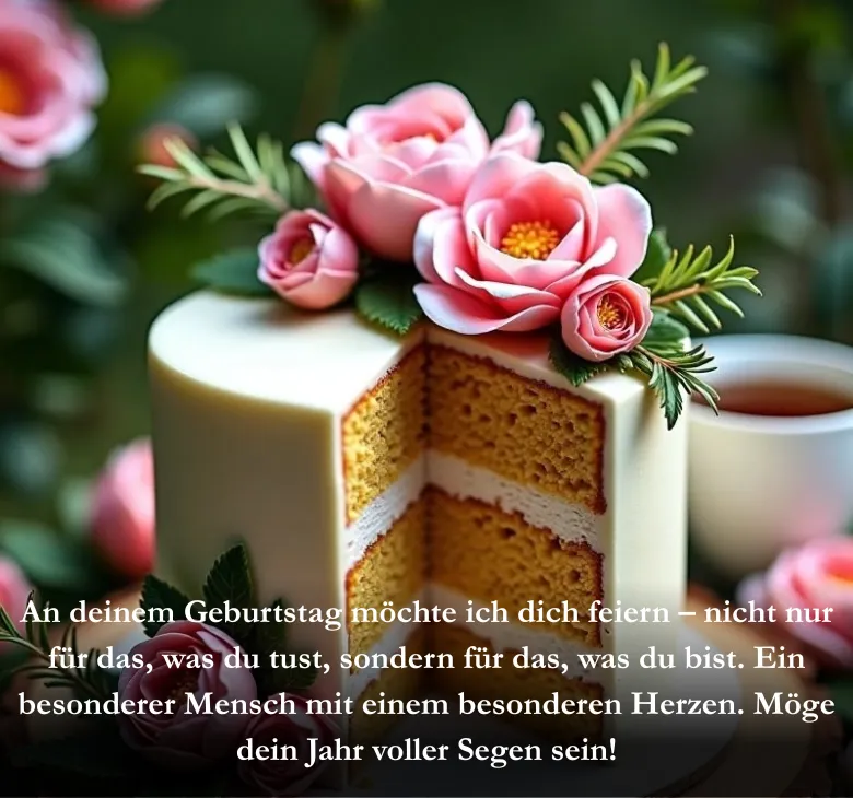 An deinem Geburtstag möchte ich dich feiern – nicht nur für das, was du tust, sondern für das, was du bist. Ein besonderer Mensch mit einem besonderen Herzen. Möge dein Jahr voller Segen sein!