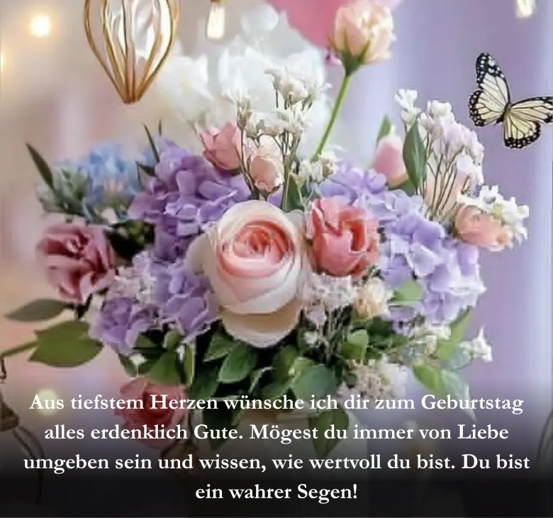 Aus tiefstem Herzen wünsche ich dir zum Geburtstag alles erdenklich Gute. Mögest du immer von Liebe umgeben sein und wissen, wie wertvoll du bist. Du bist ein wahrer Segen!