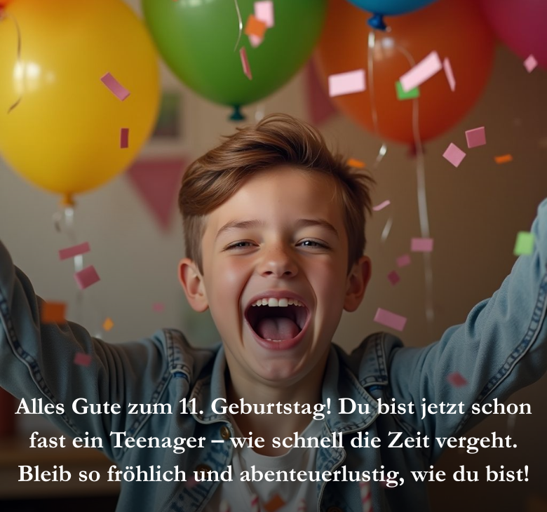 Alles Gute zum 11. Geburtstag! Du bist jetzt schon fast ein Teenager – wie schnell die Zeit vergeht. Bleib so fröhlich und abenteuerlustig, wie du bist!