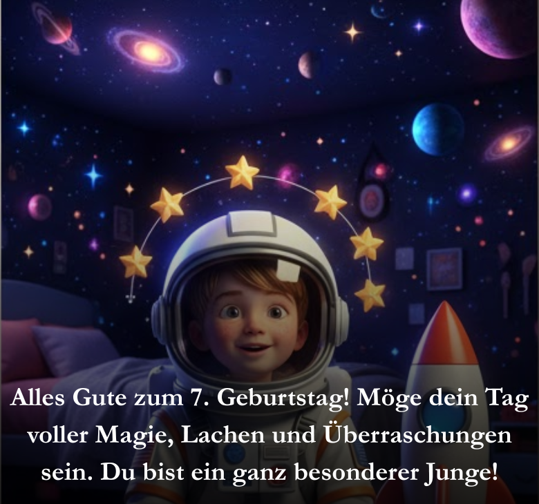 Alles Gute zum 7. Geburtstag! Möge dein Tag voller Magie, Lachen und Überraschungen sein. Du bist ein ganz besonderer Junge!