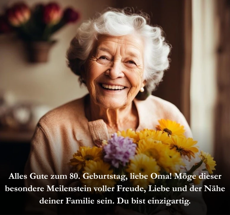 Alles Gute zum 80. Geburtstag, liebe Oma! Möge dieser besondere Meilenstein voller Freude, Liebe und der Nähe deiner Familie sein. Du bist einzigartig