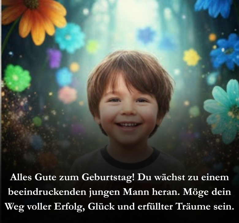 Alles Gute zum Geburtstag! Du wächst zu einem beeindruckenden jungen Mann heran. Möge dein Weg voller Erfolg, Glück und erfüllter Träume sein