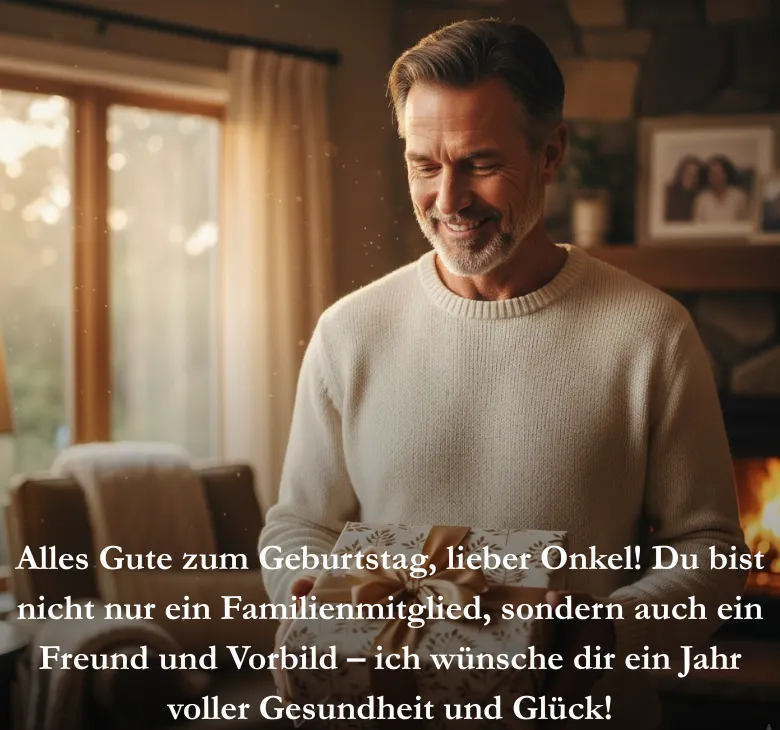 Alles Gute zum Geburtstag, lieber Onkel! Du bist nicht nur ein Familienmitglied, sondern auch ein Freund und Vorbild – ich wünsche dir ein Jahr voller Gesundheit und Glück!