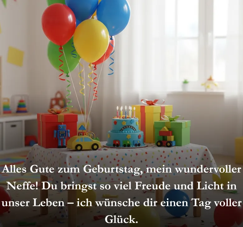 Alles Gute zum Geburtstag, mein wundervoller Neffe! Du bringst so viel Freude und Licht in unser Leben – ich wünsche dir einen Tag voller Glück