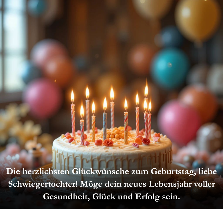 Die herzlichsten Glückwünsche zum Geburtstag, liebe Schwiegertochter! Möge dein neues Lebensjahr voller Gesundheit, Glück und Erfolg sein.