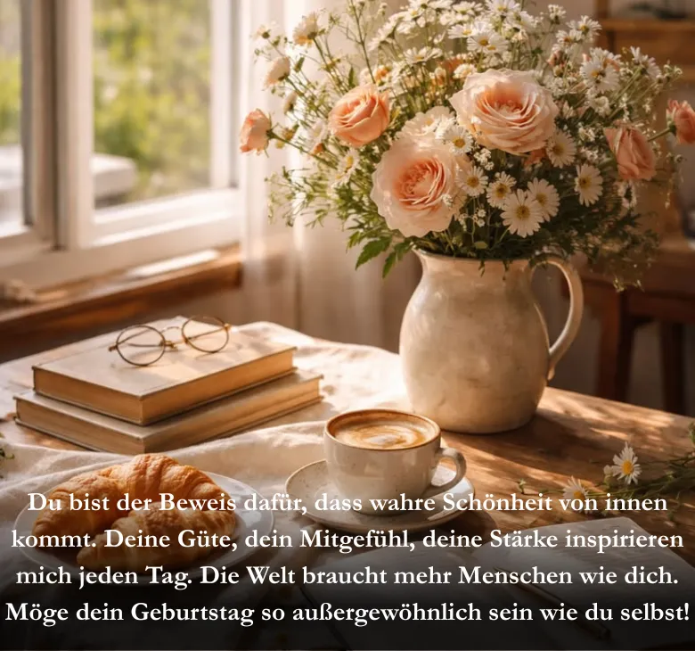 Du bist der Beweis dafür, dass wahre Schönheit von innen kommt. Deine Güte, dein Mitgefühl, deine Stärke inspirieren mich jeden Tag. Die Welt braucht mehr Menschen wie dich. Möge dein Geburtstag so außergewöhnlich sein wie du selbst!