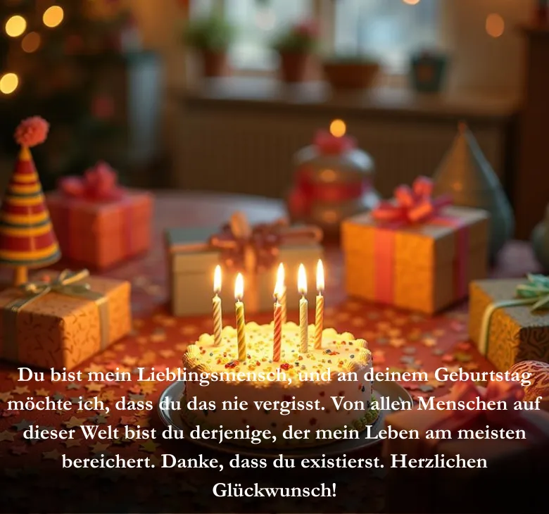 Du bist mein Lieblingsmensch, und an deinem Geburtstag möchte ich, dass du das nie vergisst. Von allen Menschen auf dieser Welt bist du derjenige, der mein Leben am meisten bereichert. Danke, dass du existierst. Herzlichen Glückwunsch!