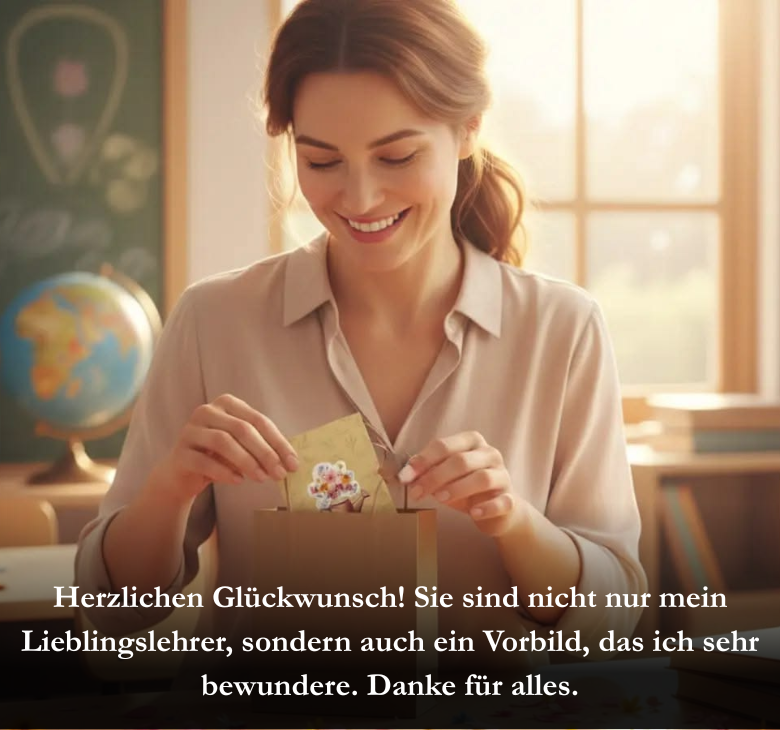 Herzlichen Glückwunsch! Sie sind nicht nur mein Lieblingslehrer, sondern auch ein Vorbild, das ich sehr bewundere. Danke für alles.