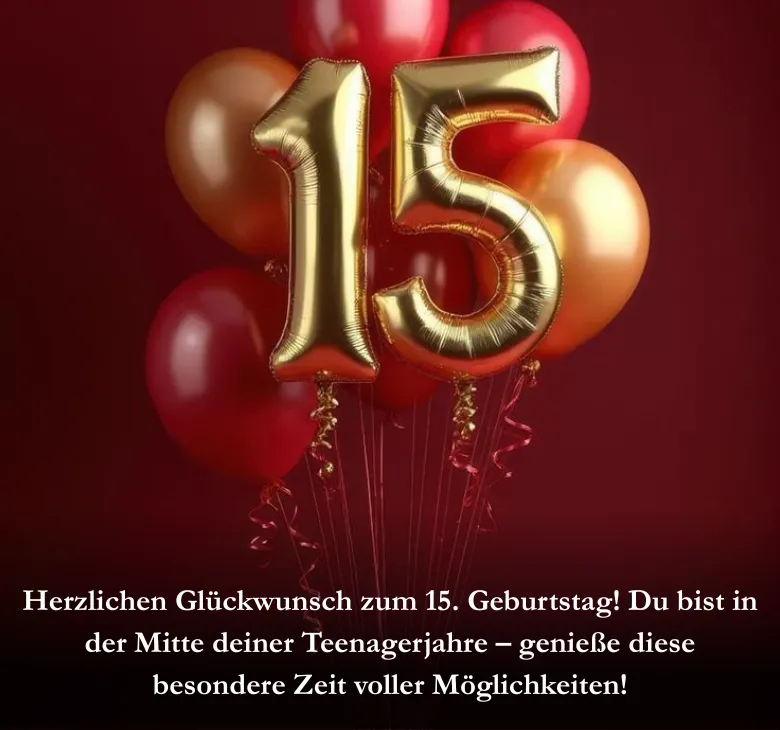Herzlichen Glückwunsch zum 15. Geburtstag! Du bist in der Mitte deiner Teenagerjahre – genieße diese besondere Zeit voller Möglichkeiten!