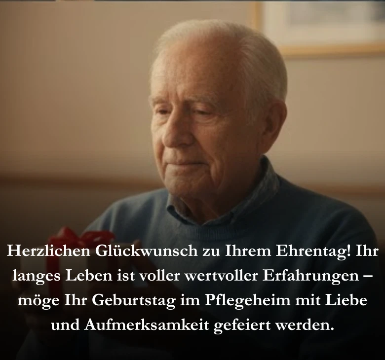 Herzlichen Glückwunsch zu Ihrem Ehrentag! Ihr langes Leben ist voller wertvoller Erfahrungen – möge Ihr Geburtstag im Pflegeheim mit Liebe und Aufmerksamkeit gefeiert werden.