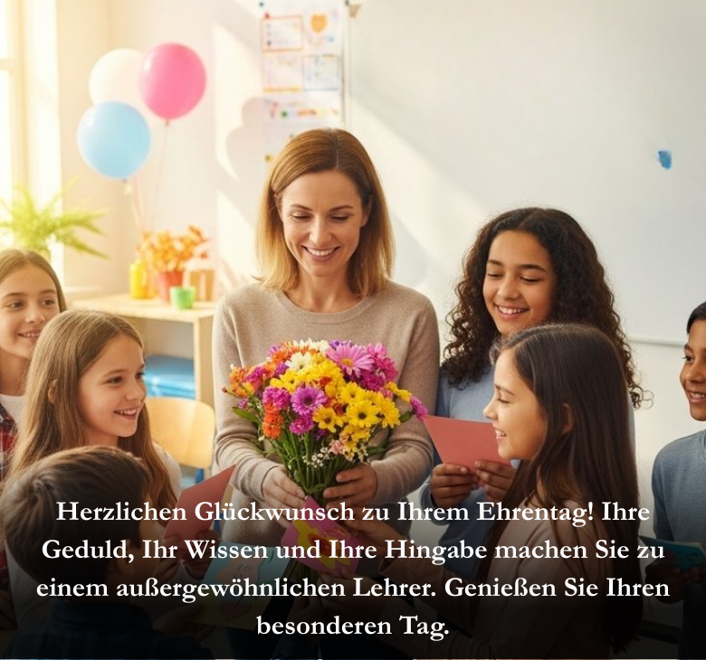 Herzlichen Glückwunsch zu Ihrem Ehrentag! Ihre Geduld, Ihr Wissen und Ihre Hingabe machen Sie zu einem außergewöhnlichen Lehrer. Genießen Sie Ihren besonderen Tag.
