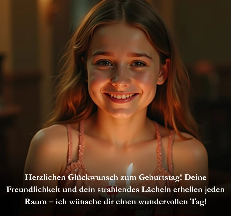 Herzlichen Glückwunsch zum Geburtstag! Deine Freundlichkeit und dein strahlendes Lächeln erhellen jeden Raum – ich wünsche dir einen wundervollen Tag!