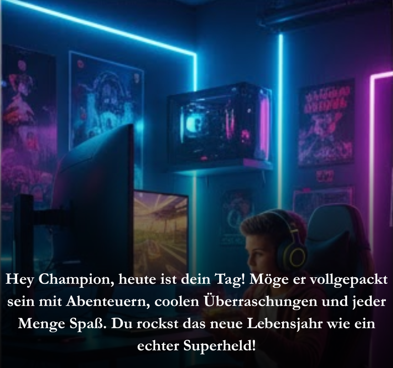 Hey Champion, heute ist dein Tag! Möge er vollgepackt sein mit Abenteuern, coolen Überraschungen und jeder Menge Spaß. Du rockst das neue Lebensjahr wie ein echter Superheld!