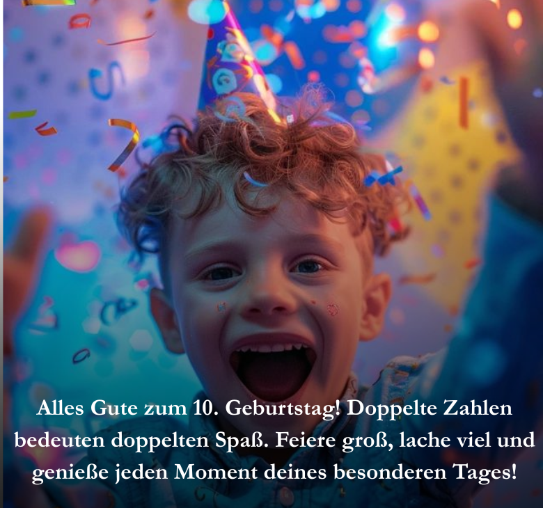 Herzlichen Glückwunsch zum 10. Geburtstag! Doppelte Zahlen bedeuten doppelten Spaß. Feiere groß, lache viel und genieße jeden Moment deines besonderen Tages!