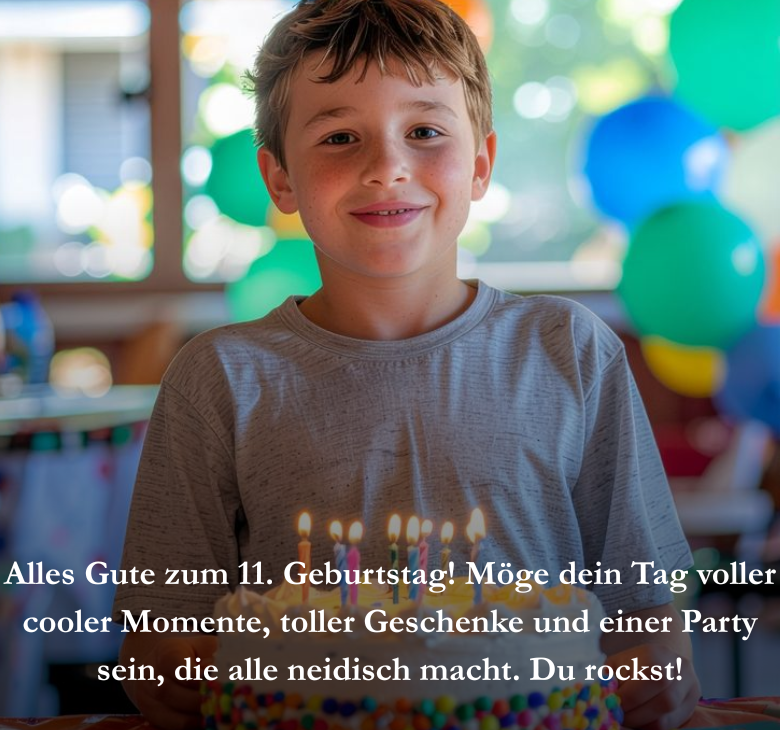 Alles Gute zum 11. Geburtstag Möge dein Tag voller cooler Momente, toller Geschenke und einer Party sein, die alle neidisch macht. Du rockst!