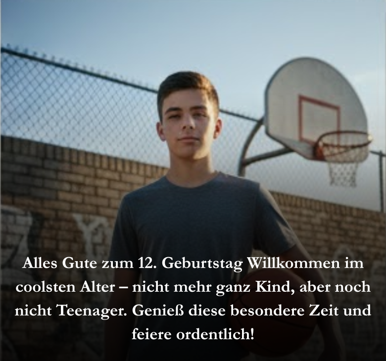 Alles Gute zum 12. GeburtstagWillkommen im coolsten Alter – nicht mehr ganz Kind, aber noch nicht Teenager. Genieß diese besondere Zeit und feiere ordentlich!
