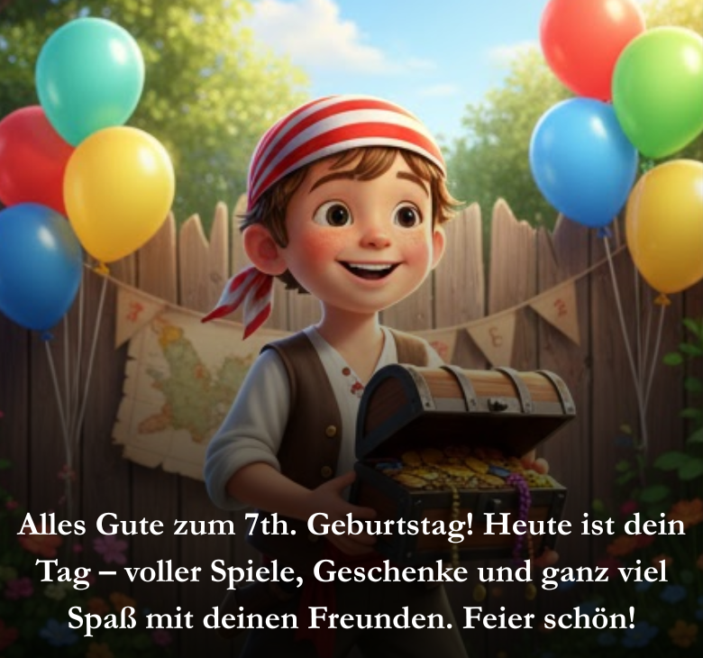 Alles Gute zum 7th. Geburtstag Heute ist dein Tag – voller Spiele, Geschenke und ganz viel Spaß mit deinen Freunden. Feier schön!