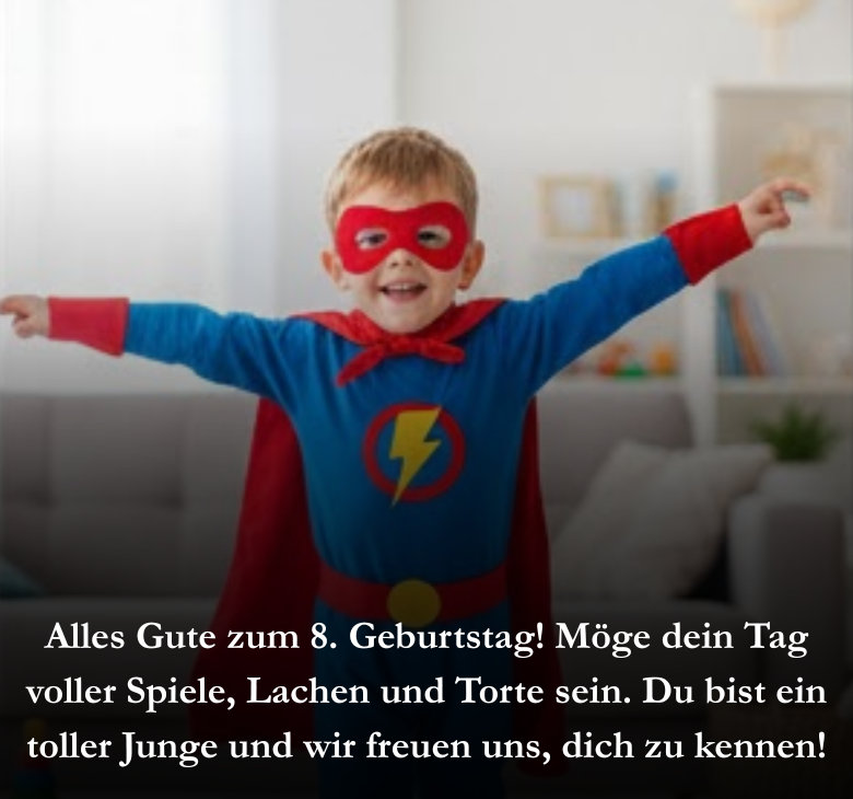 Alles Gute zum 8. Geburtstag! Möge dein Tag voller Spiele, Lachen und Torte sein. Du bist ein toller Junge und wir freuen uns, dich zu kennen!