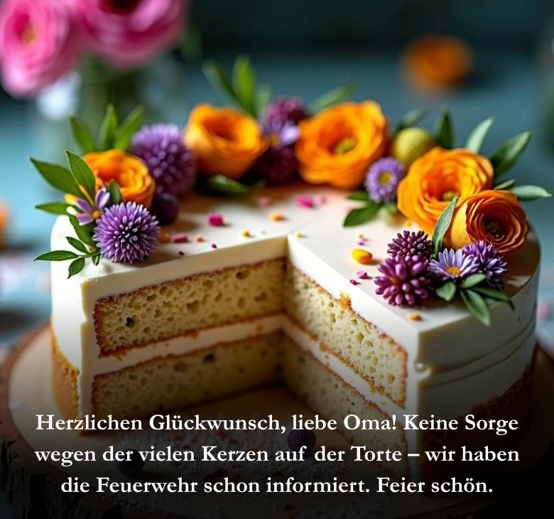 Herzlichen Glückwunsch, liebe Oma! Keine Sorge wegen der vielen Kerzen auf der Torte – wir haben die Feuerwehr schon informiert. Feier schön
