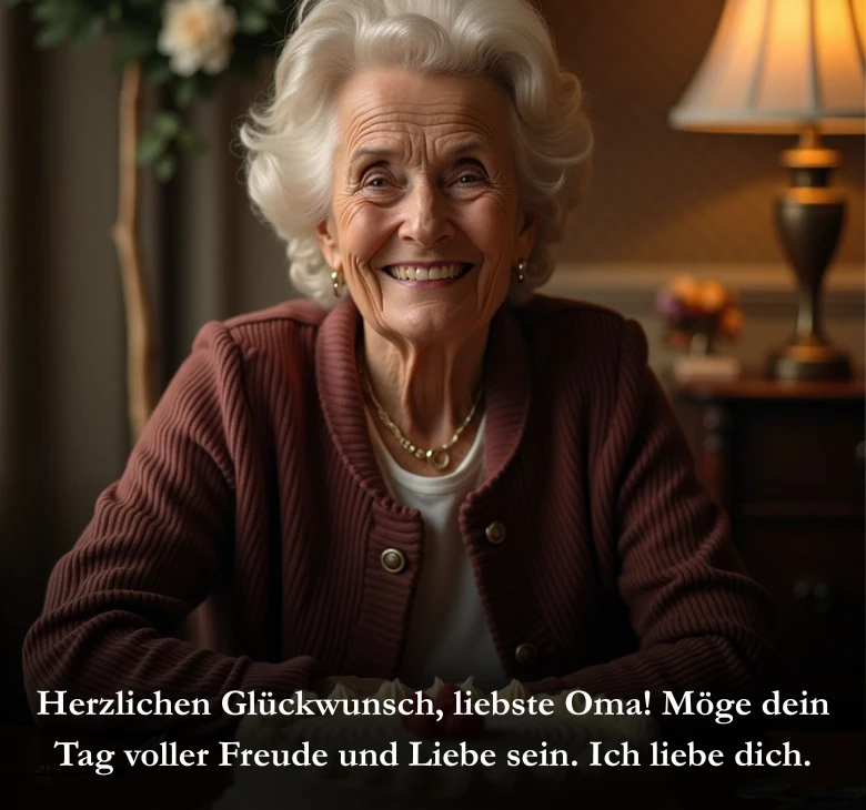Herzlichen Glückwunsch, liebste Oma! Möge dein Tag voller Freude und Liebe sein. Ich liebe dich