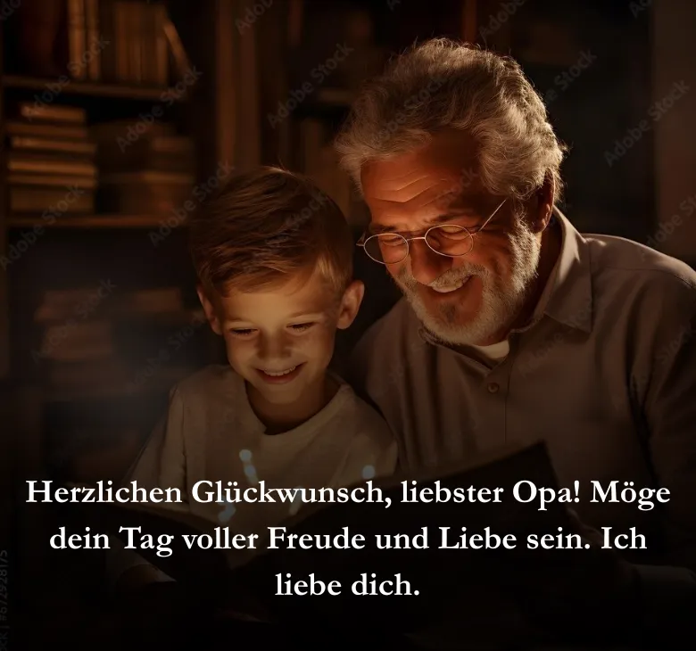 Herzlichen Glückwunsch, liebster Opa! Möge dein Tag voller Freude und Liebe sein. Ich liebe dich.
