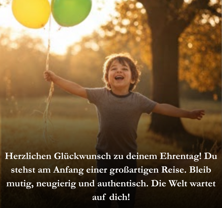 Herzlichen Glückwunsch zu deinem Ehrentag! Du stehst am Anfang einer großartigen Reise. Bleib mutig, neugierig und authentisch. Die Welt wartet auf dich!