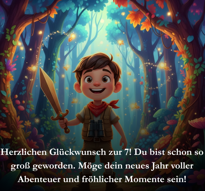 Herzlichen Glückwunsch zur 7! Du bist schon so groß geworden. Möge dein neues Jahr voller Abenteuer und fröhlicher Momente sein!