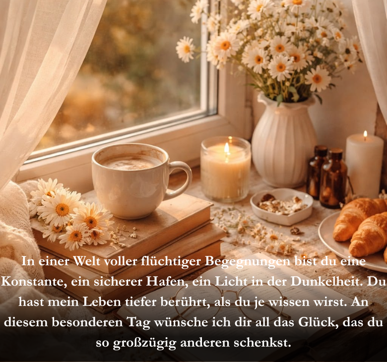 In einer Welt voller flüchtiger Begegnungen bist du eine Konstante, ein sicherer Hafen, ein Licht in der Dunkelheit. Du hast mein Leben tiefer berührt, als du je wissen wirst. An diesem besonderen Tag wünsche ich dir all das Glück, das du so großzügig anderen schenkst.