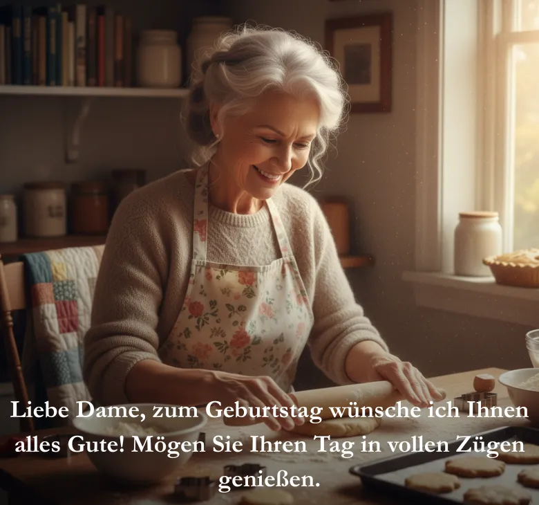 Liebe Dame, zum Geburtstag wünsche ich Ihnen alles Gute! Mögen Sie Ihren Tag in vollen Zügen genießen.