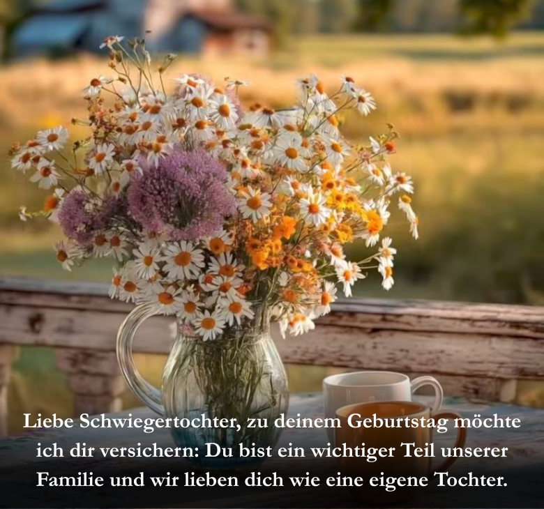 Liebe Schwiegertochter, zu deinem Geburtstag möchte ich dir versichern: Du bist ein wichtiger Teil unserer Familie und wir lieben dich wie eine eigene Tochter.