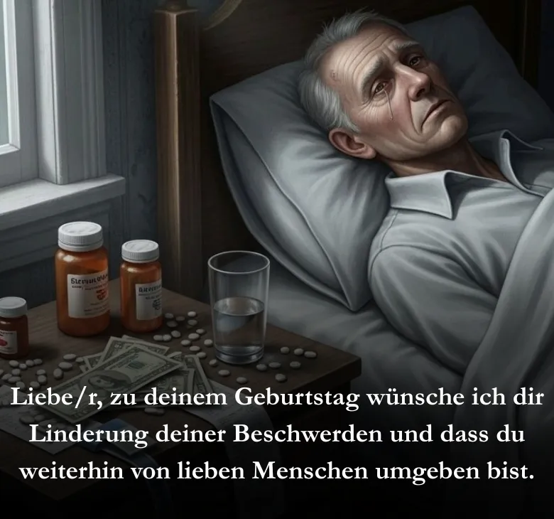 Liebe/r, zu deinem Geburtstag wünsche ich dir Linderung deiner Beschwerden und dass du weiterhin von lieben Menschen umgeben bist.