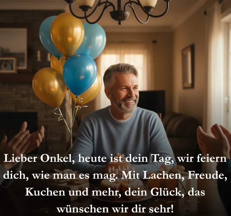 Lieber Onkel, heute ist dein Tag, wir feiern dich, wie man es mag. Mit Lachen, Freude, Kuchen und mehr, dein Glück, das wünschen wir dir sehr!