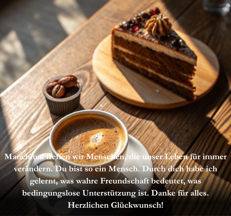 Manchmal treffen wir Menschen, die unser Leben für immer verändern. Du bist so ein Mensch. Durch dich habe ich gelernt, was wahre Freundschaft bedeutet, was bedingungslose Unterstützung ist. Danke für alles. Herzlichen Glückwunsch!