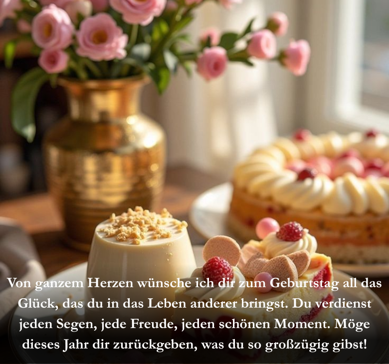 Von ganzem Herzen wünsche ich dir zum Geburtstag all das Glück, das du in das Leben anderer bringst. Du verdienst jeden Segen, jede Freude, jeden schönen Moment. Möge dieses Jahr dir zurückgeben, was du so großzügig gibst!
