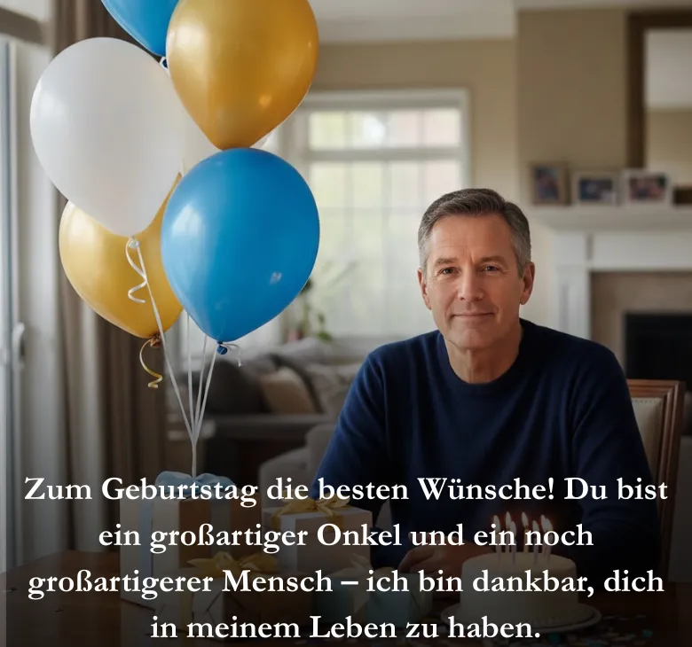 Zum Geburtstag die besten Wünsche! Du bist ein großartiger Onkel und ein noch großartigerer Mensch – ich bin dankbar, dich in meinem Leben zu haben.