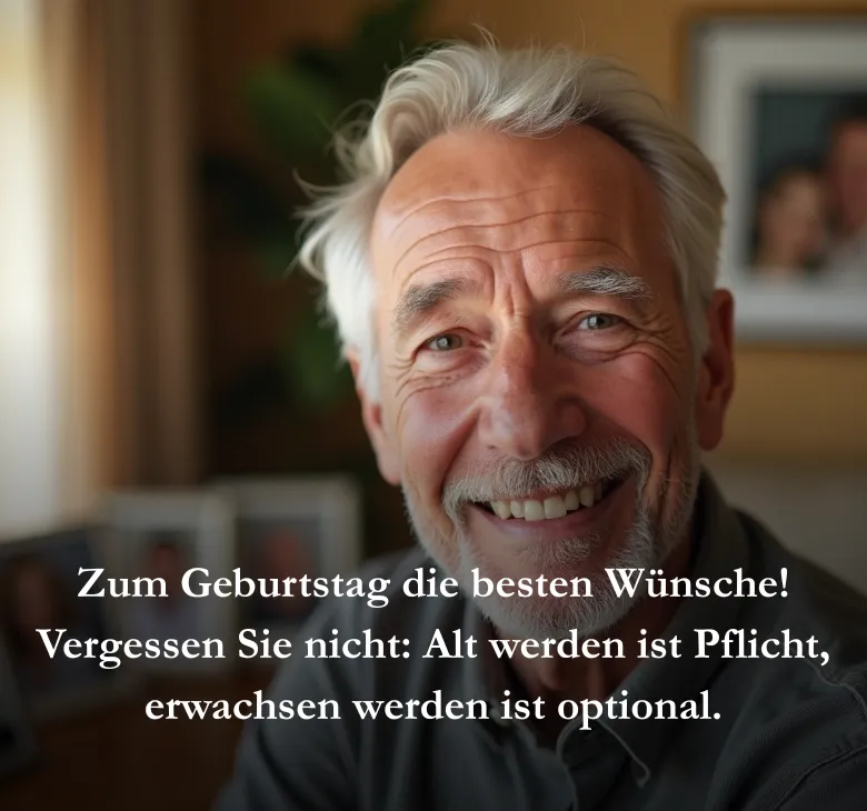 Zum Geburtstag die besten Wünsche! Vergessen Sie nicht: Alt werden ist Pflicht, erwachsen werden ist optional.