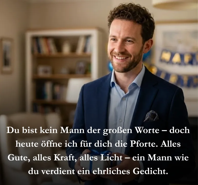Du bist kein Mann der großen Worte – doch heute öffne ich für dich die Pforte. Alles Gute, alles Kraft, alles Licht – ein Mann wie du verdient ein ehrliches Gedicht.