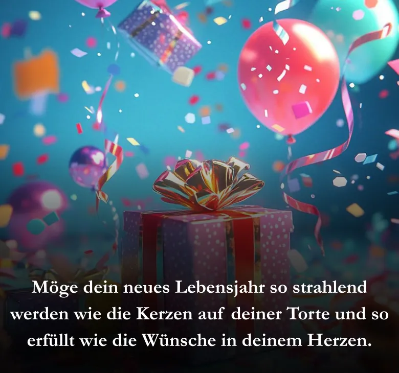 Möge dein neues Lebensjahr so strahlend werden wie die Kerzen auf deiner Torte und so erfüllt wie die Wünsche in deinem Herzen.