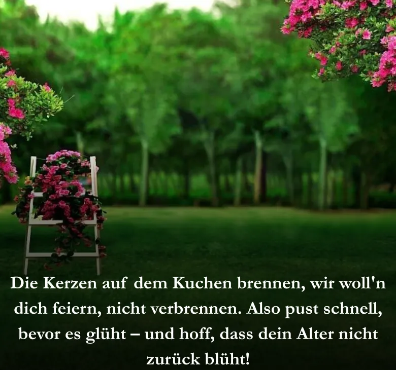 Die Kerzen auf dem Kuchen brennen, wir woll'n dich feiern, nicht verbrennen. Also pust schnell, bevor es glüht – und hoff, dass dein Alter nicht zurück blüht!
