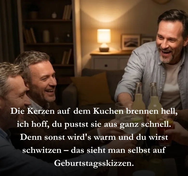 Die Kerzen auf dem Kuchen brennen hell, ich hoff, du pustst sie aus ganz schnell. Denn sonst wird's warm und du wirst schwitzen – das sieht man selbst auf Geburtstagsskizzen.