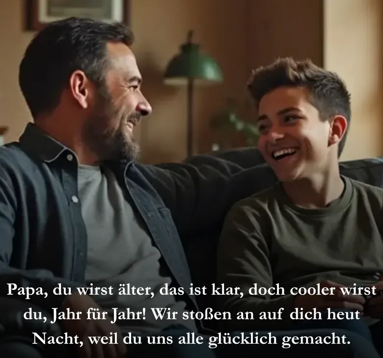 Papa, du wirst älter, das ist klar, doch cooler wirst du, Jahr für Jahr! Wir stoßen an auf dich heut Nacht, weil du uns alle glücklich gemacht.