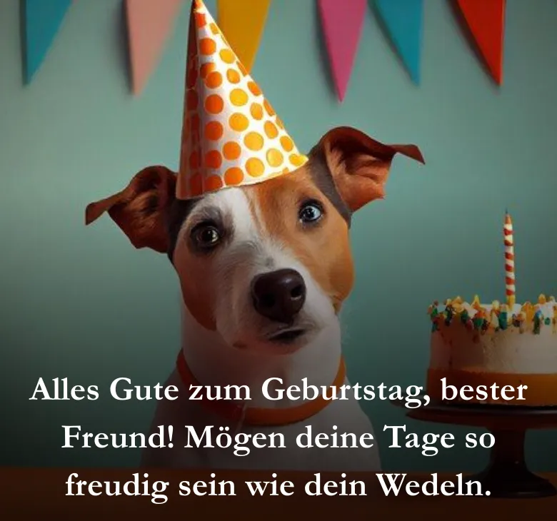 Alles Gute zum Geburtstag, bester Freund! Mögen deine Tage so freudig sein wie dein Wedeln.