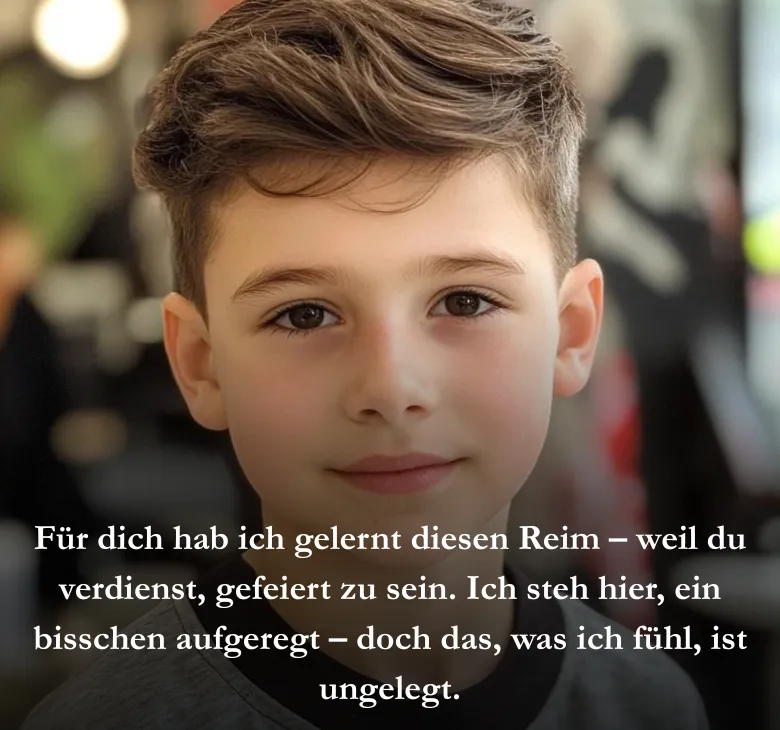 Für dich hab ich gelernt diesen Reim – weil du verdienst, gefeiert zu sein. Ich steh hier, ein bisschen aufgeregt – doch das, was ich fühl, ist ungelegt.