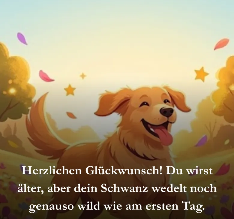 Herzlichen Glückwunsch! Du wirst älter, aber dein Schwanz wedelt noch genauso wild wie am ersten Tag.
