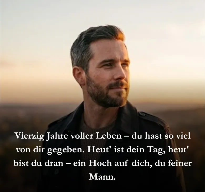 Vierzig Jahre voller Leben – du hast so viel von dir gegeben. Heut' ist dein Tag, heut' bist du dran – ein Hoch auf dich, du feiner Mann.