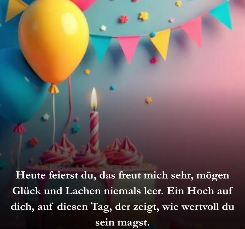 Heute feierst du, das freut mich sehr, mögen Glück und Lachen niemals leer. Ein Hoch auf dich, auf diesen Tag, der zeigt, wie wertvoll du sein magst.
