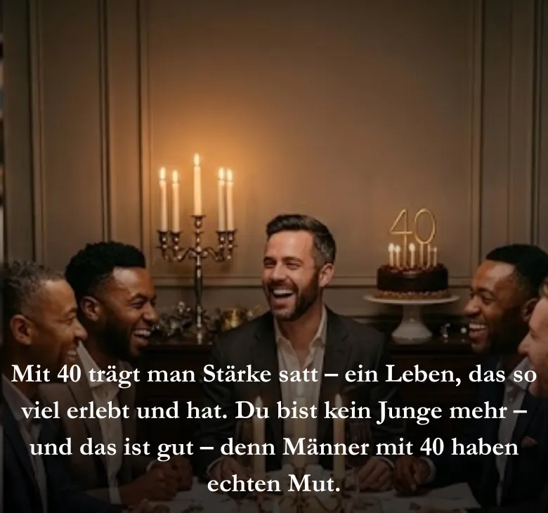 Mit 40 trägt man Stärke satt – ein Leben, das so viel erlebt und hat. Du bist kein Junge mehr – und das ist gut – denn Männer mit 40 haben echten Mut.