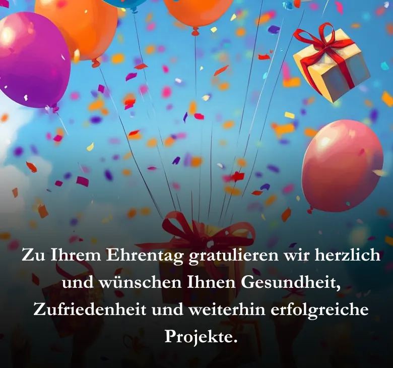 Zu Ihrem Ehrentag gratulieren wir herzlich und wünschen Ihnen Gesundheit, Zufriedenheit und weiterhin erfolgreiche Projekte.