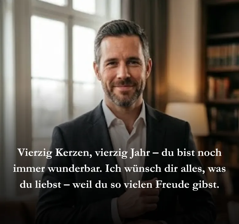 Vierzig Kerzen, vierzig Jahr – du bist noch immer wunderbar. Ich wünsch dir alles, was du liebst – weil du so vielen Freude gibst.
