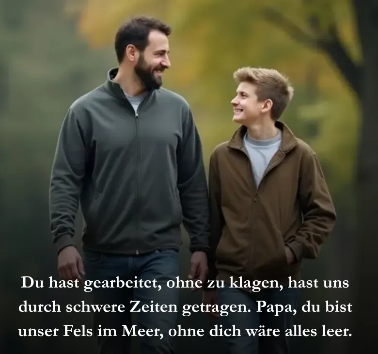 Du hast gearbeitet, ohne zu klagen, hast uns durch schwere Zeiten getragen. Papa, du bist unser Fels im Meer, ohne dich wäre alles leer.